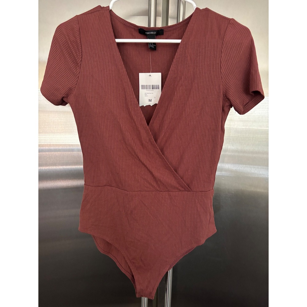 Forever 21 Rust Bodysuit Ribbed Knit Short Sleeve Wrap‎ Front Medium